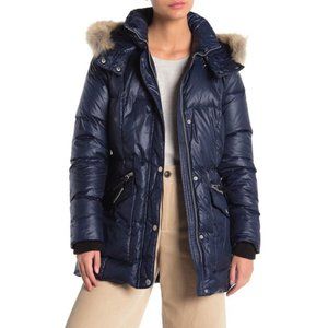 NEW Andrew Marc Women Genuine Coyote Fur Trim Hood Belted Puffer Navy Jacket